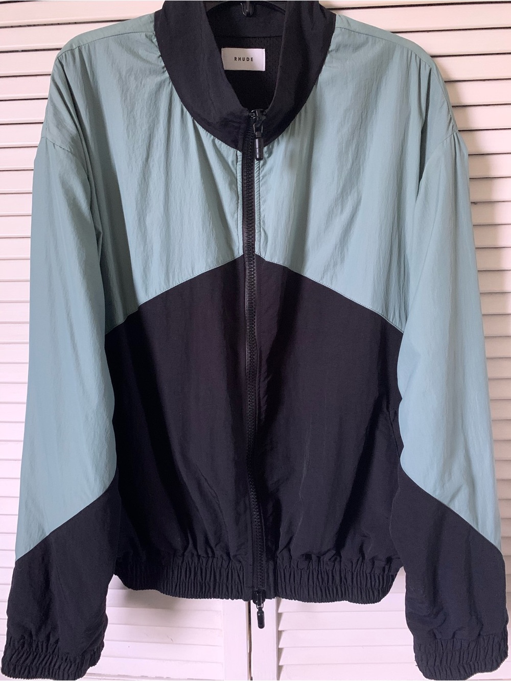 Rhude Men’s Colorblock Bomber Jacket Full Zip Blue/Black Stand-Up Collar XL